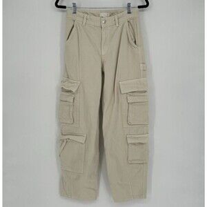 H&M Womens Baggy Fit Cargo Pants Size 2 Cream Wide Leg Y2K Rave 100% Cotton